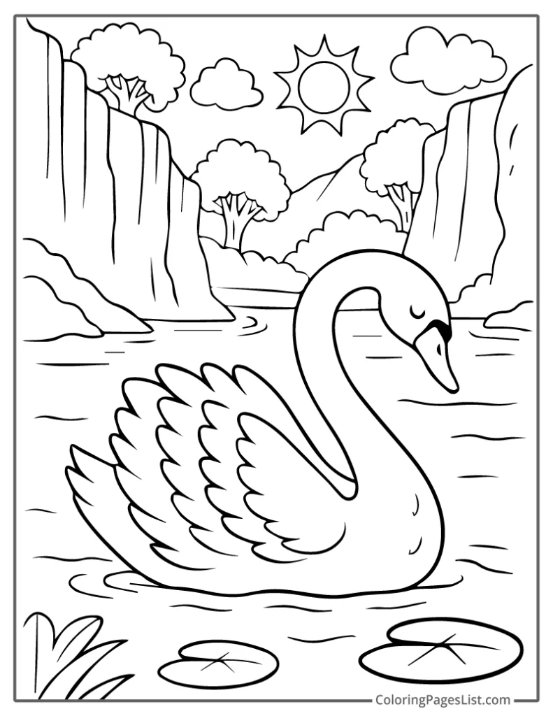 Swan Floating in a Canyon Lake Coloring Sheet