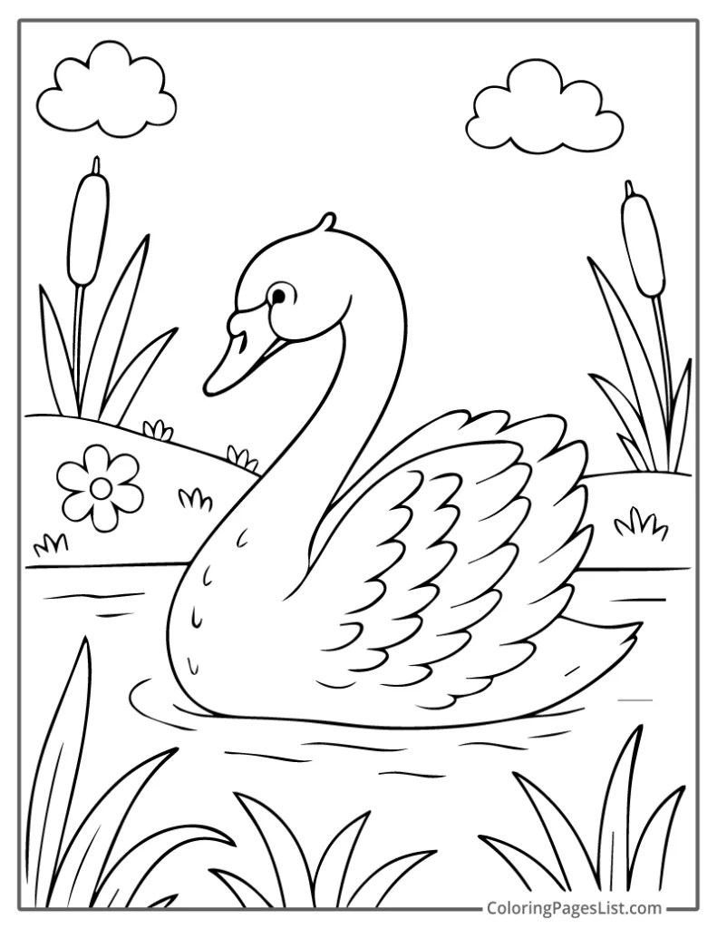 Swan Gliding Past Cattails Coloring Sheet