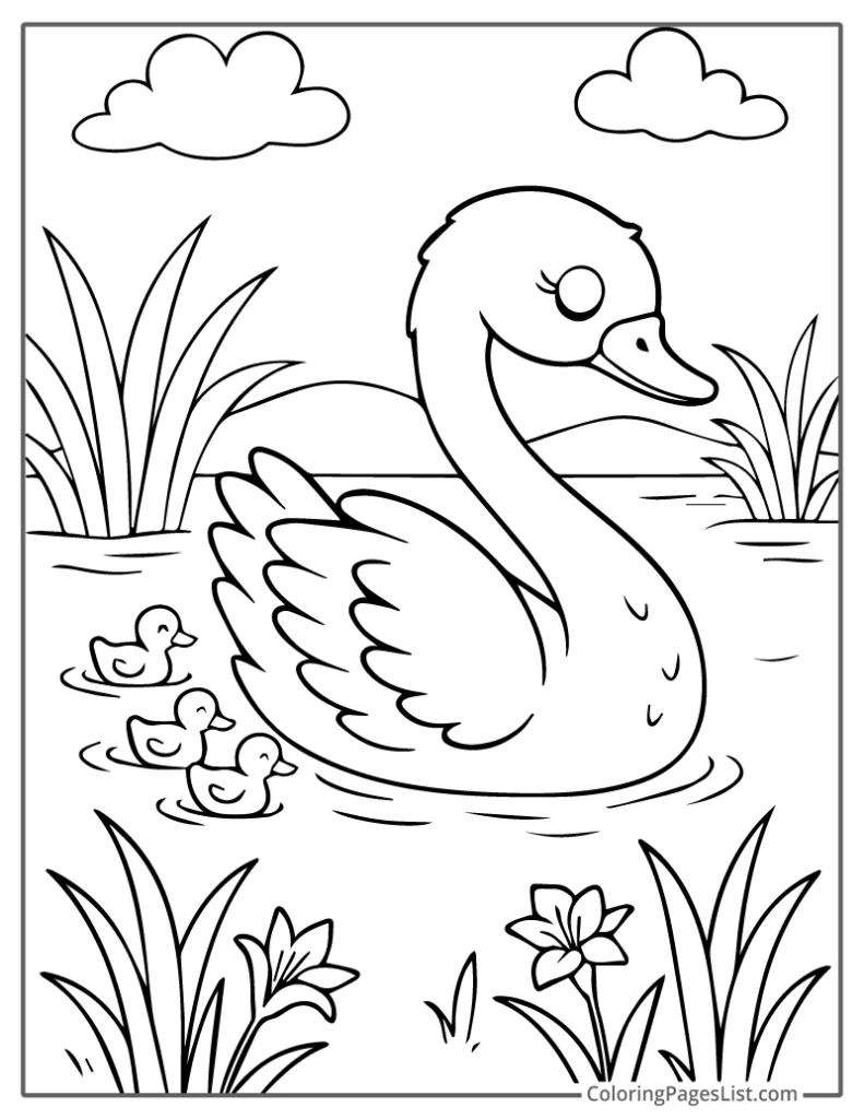Swan Leading Ducklings Through the Pond Coloring Page