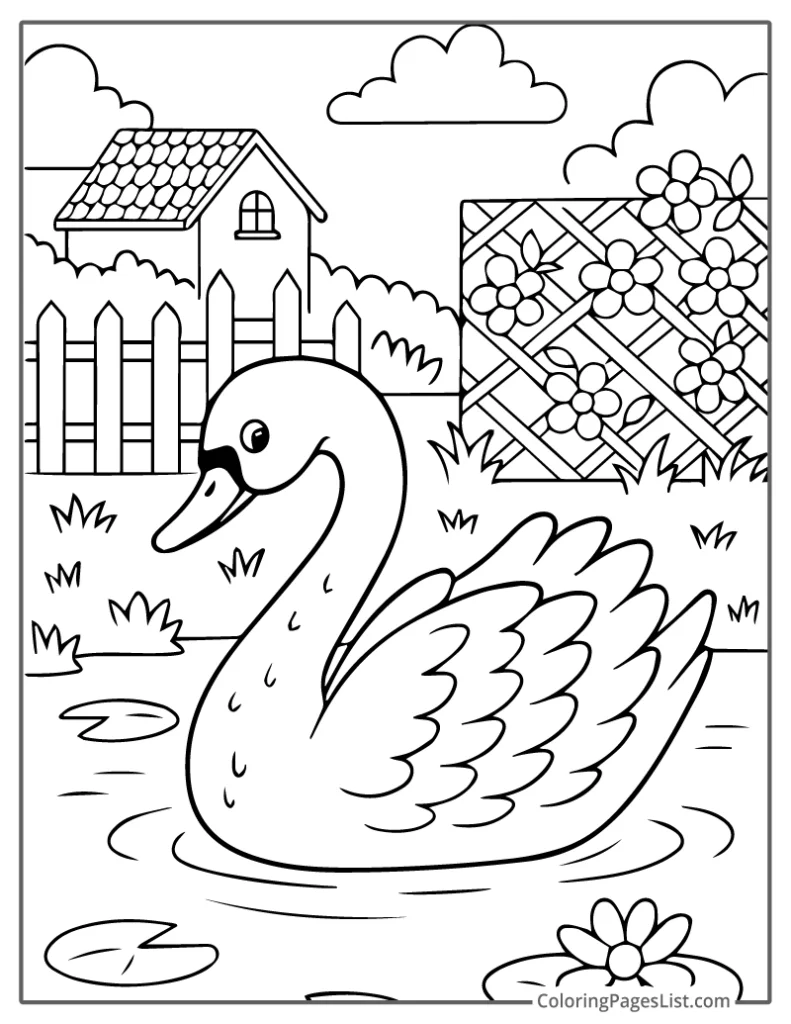 Swan Near Cottage and Garden Fence Coloring Page