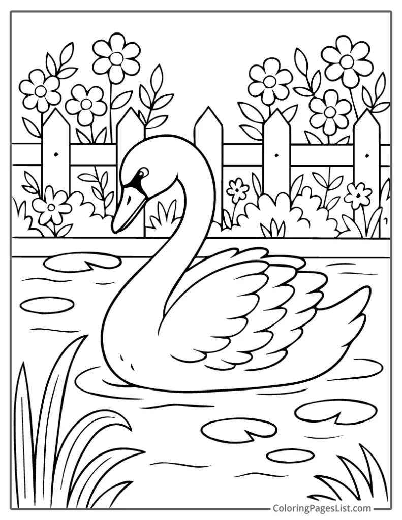 Swan Swimming by a Flower Fence Coloring Page