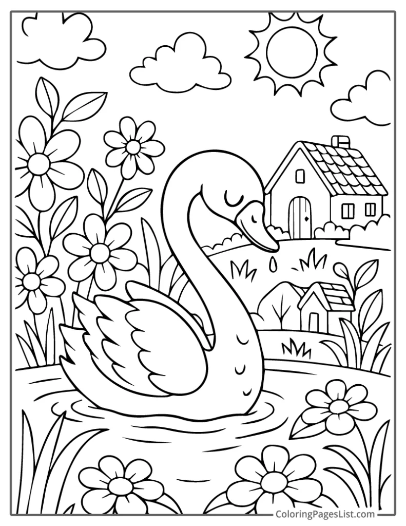 Swan in Blooming Garden Under the Sun To Color In