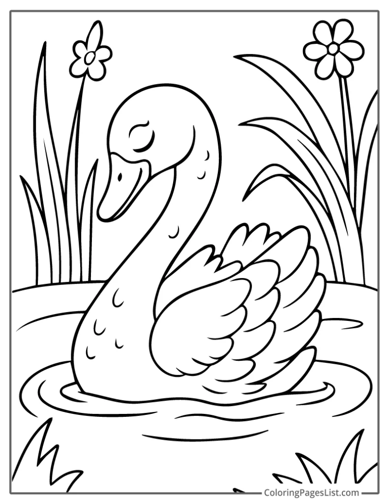Swan with Closed Eyes in a Pond Coloring Page