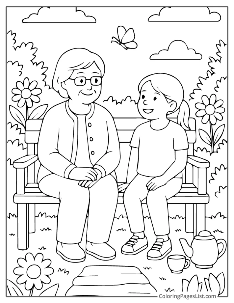 Sweet Garden Chat on a Bench Coloring Page For Kids