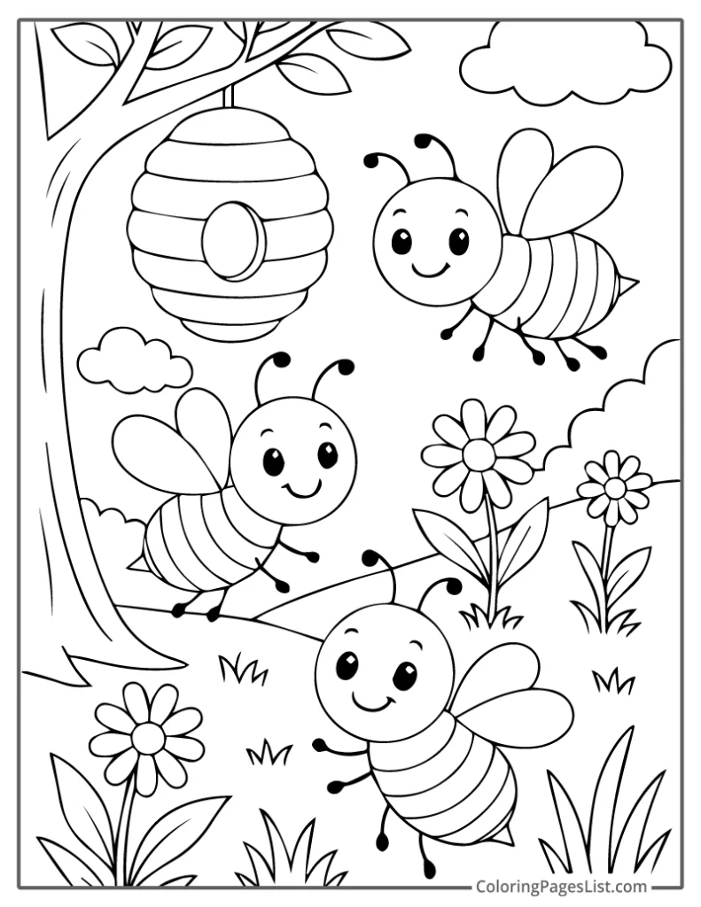 Three Busy Bees Playing Near the Hive Coloring Page
