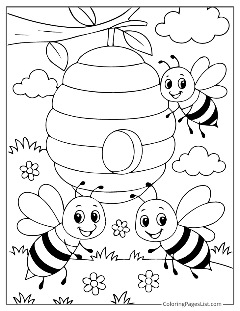Three Cheerful Bees Buzzing Around a Hive To Color In
