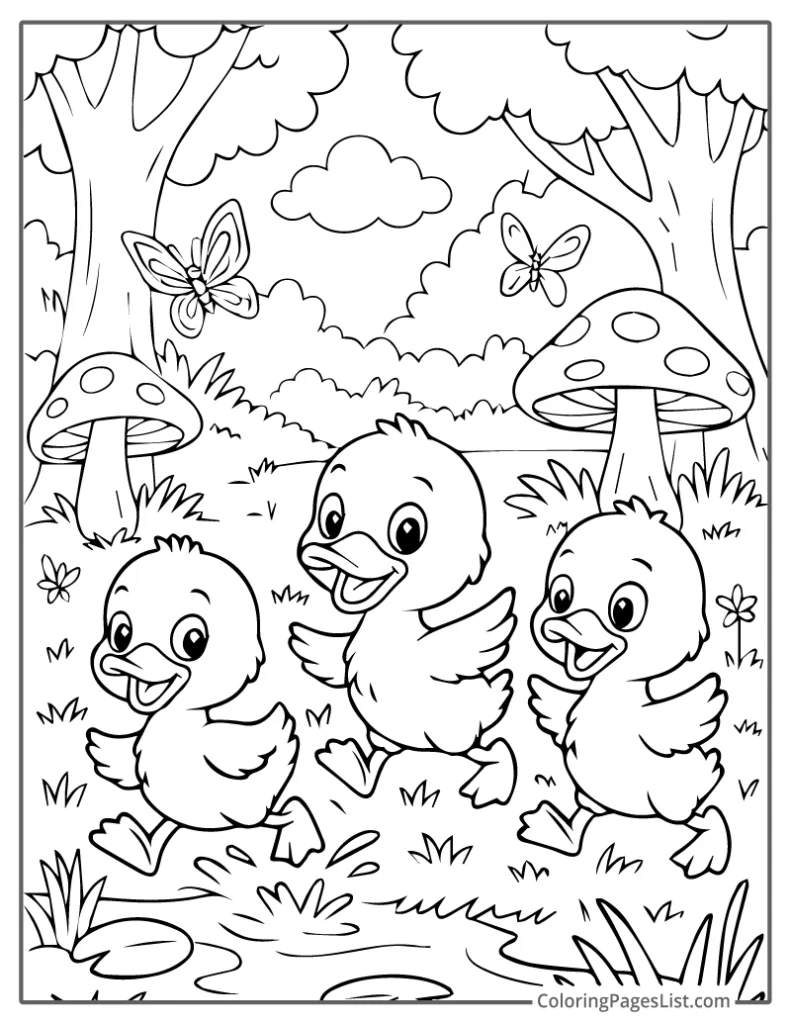 Three Happy Ducks Playing in a Forest For Kids To Color