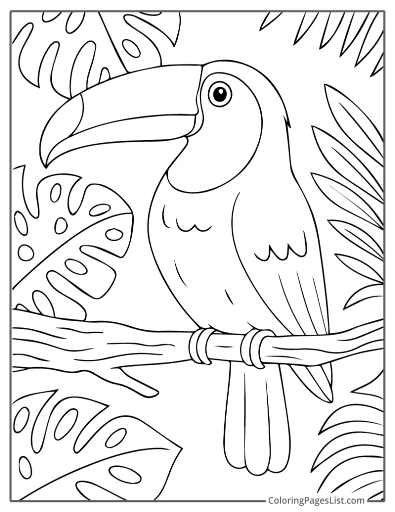 Toucan Parrot Perched With Tropical Leaves Around To Color In