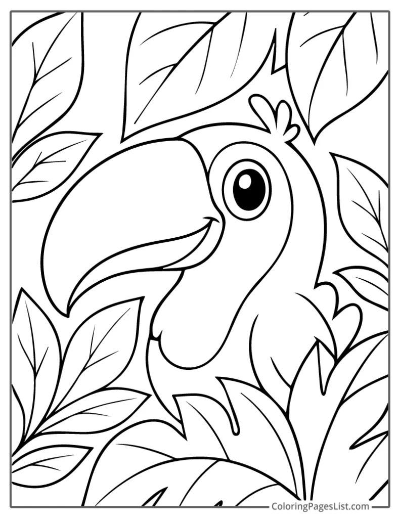 Toucan Peeking Through Tropical Foliage For Coloring