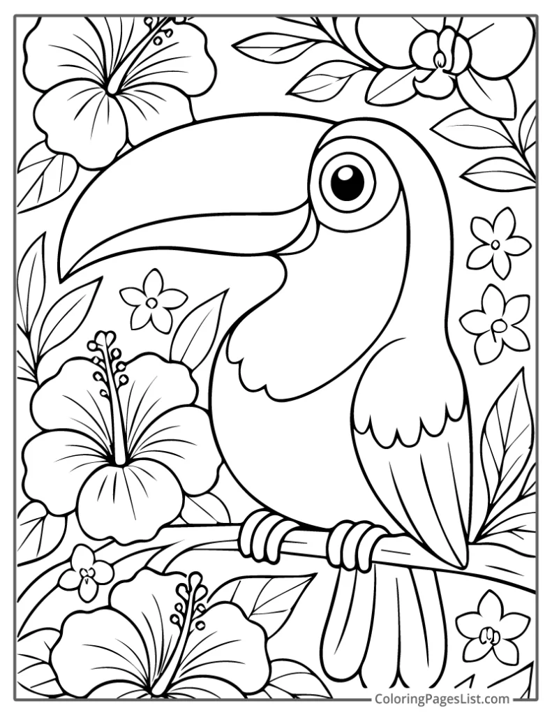 Toucan Perched with Blooming Hibiscus Flowers Coloring Page