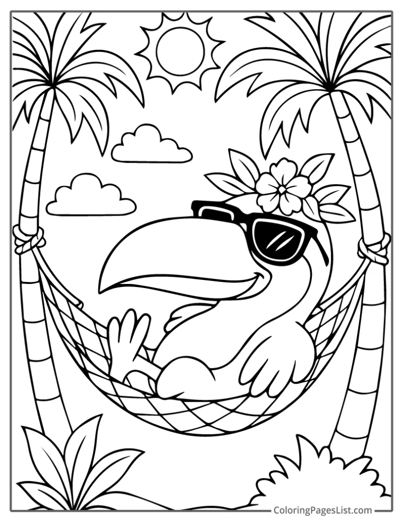 Toucan Relaxing In A Hammock Between Palm Trees For Coloring