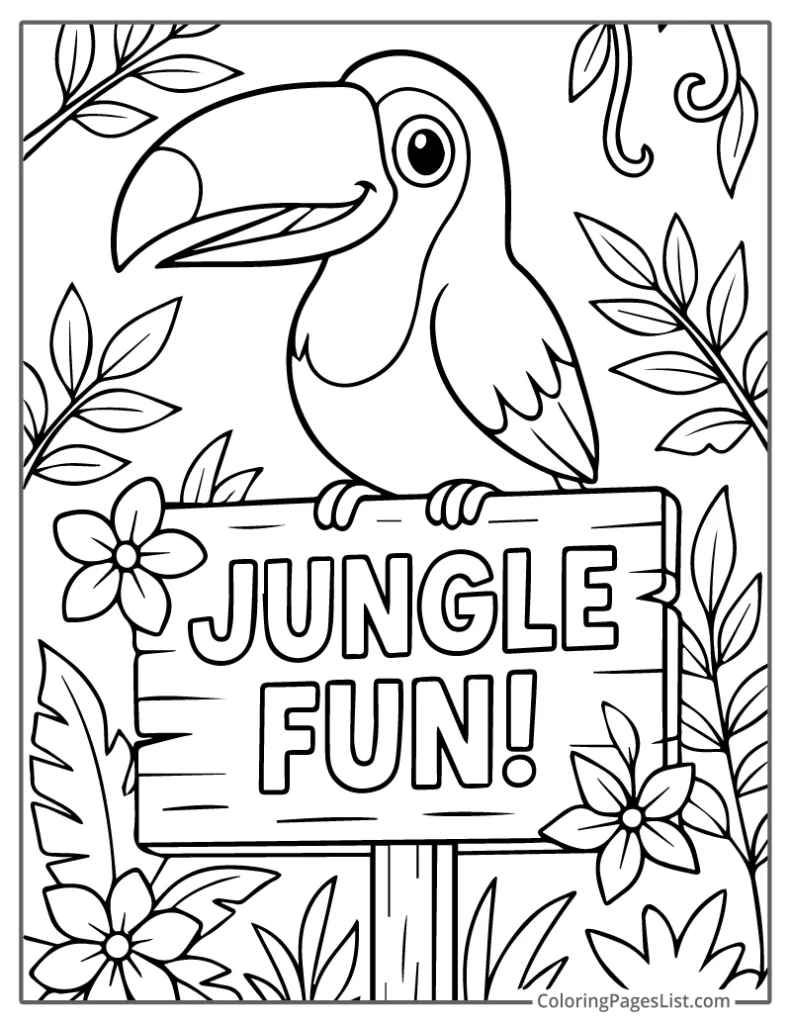Toucan Sitting On Jungle Fun Sign With Flowers Coloring Page