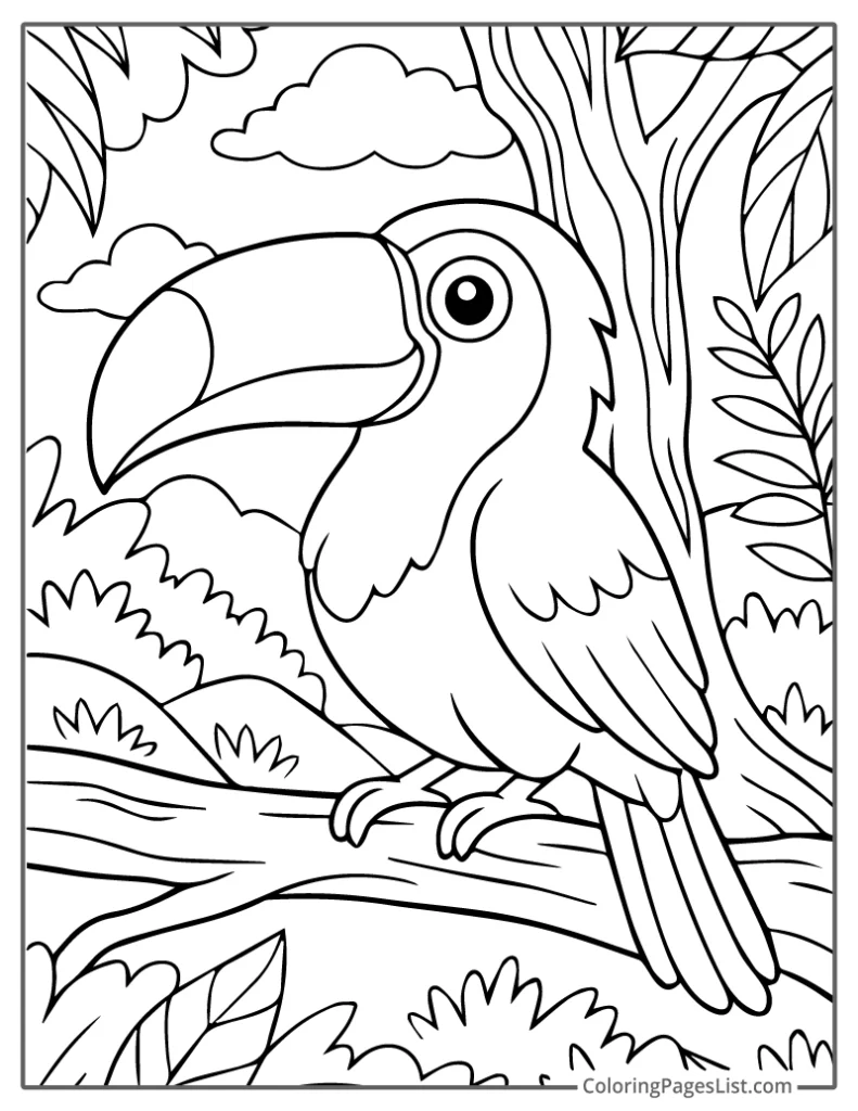 Toucan Sitting on a Branch in a Jungle Coloring Page For Kids