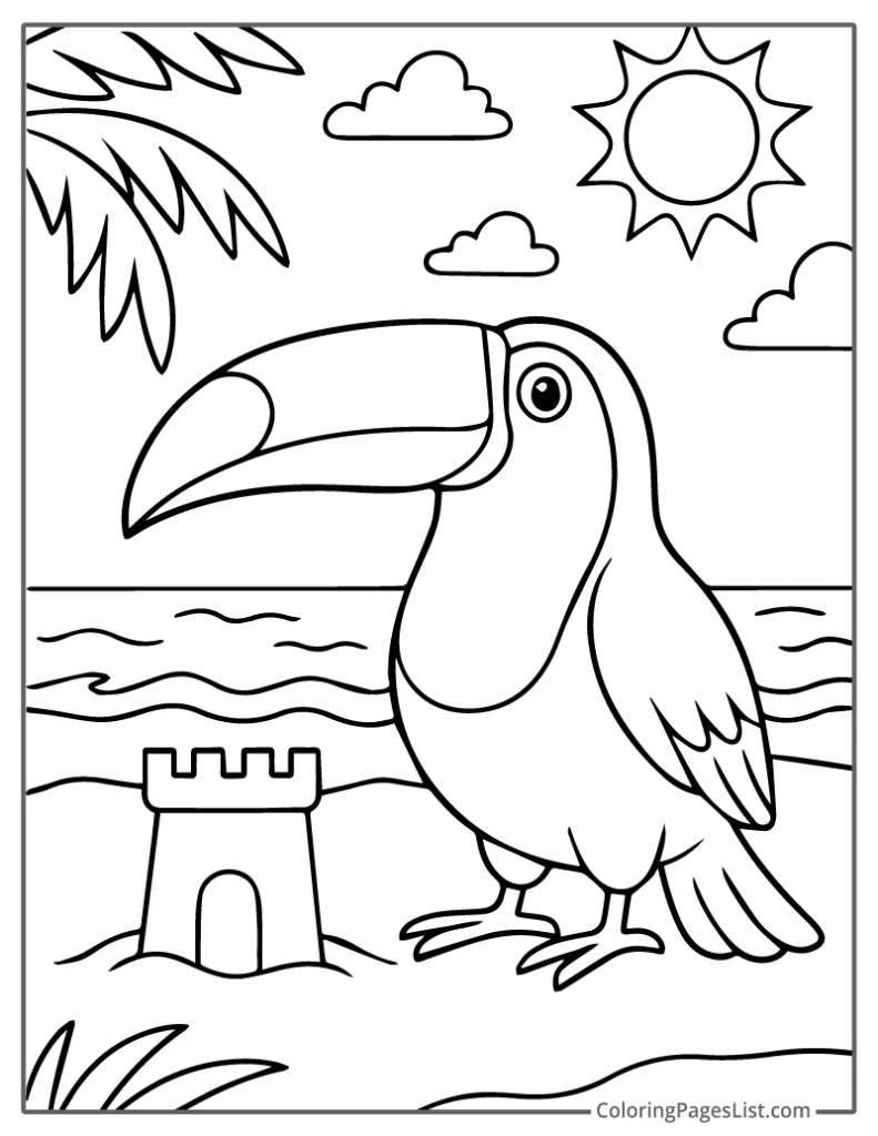 Toucan Standing by the Beach Sandcastle For Coloring