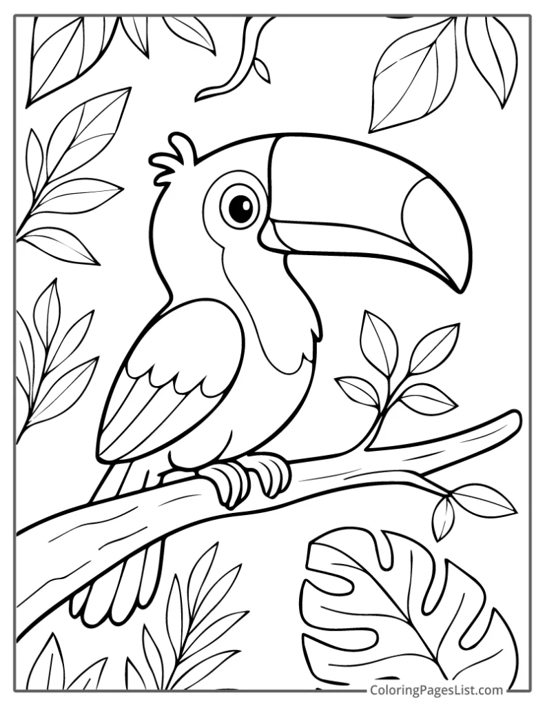 Toucan Surrounded by Tropical Leaves Coloring Sheet For Kids