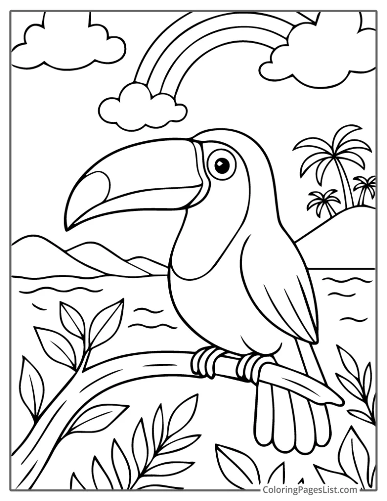 Toucan with Rainbow Over the Ocean Coloring Page
