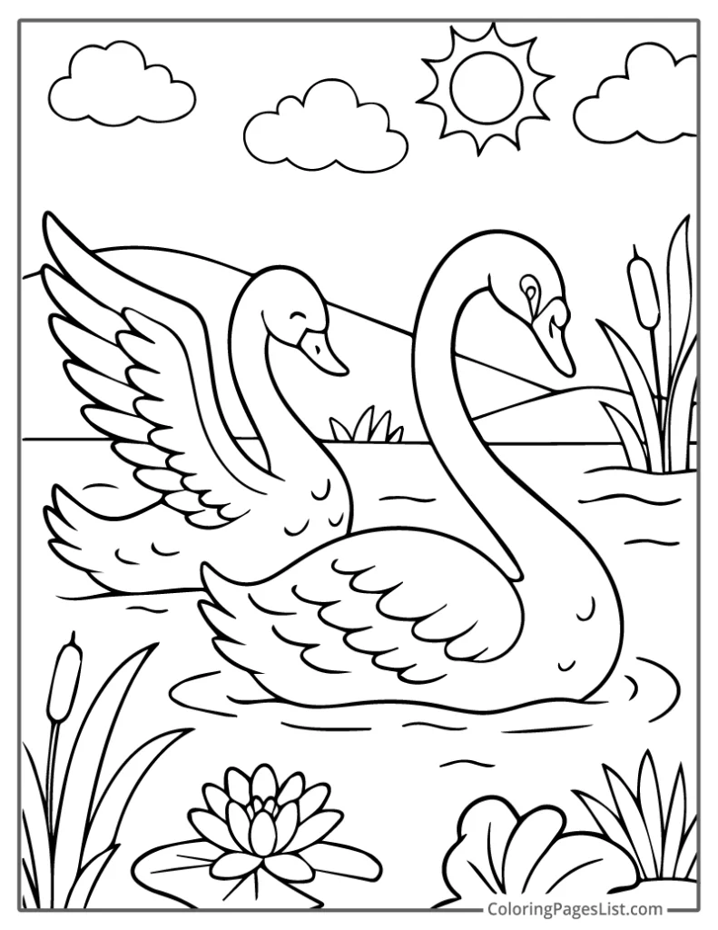 Two Swans Gliding Through Lily Pads Coloring Page