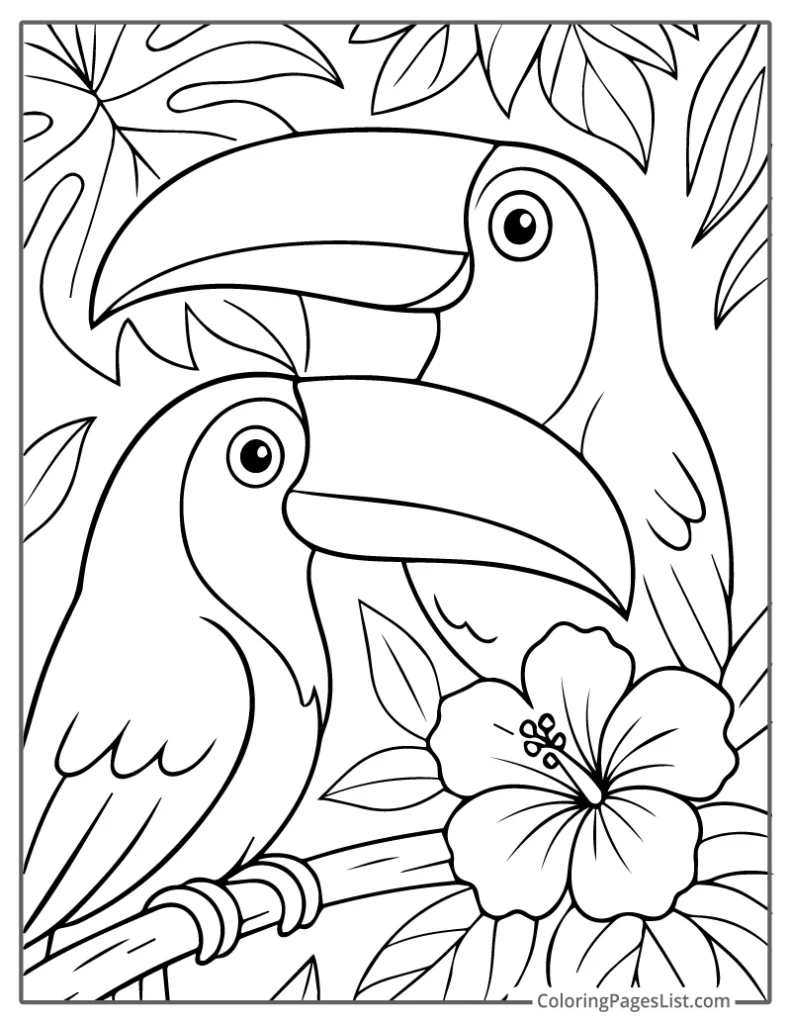 Two Toucans with a Hibiscus Flower Coloring Page