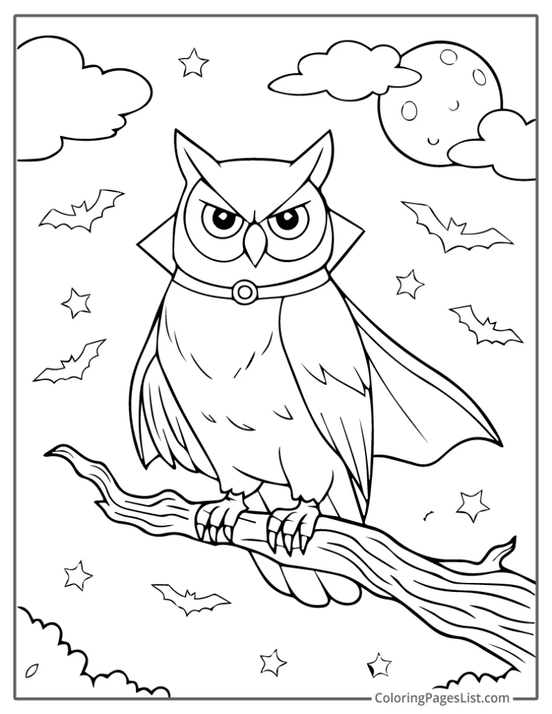 Vampire Owl Surrounded by Bats Under a Full Moon For Coloring