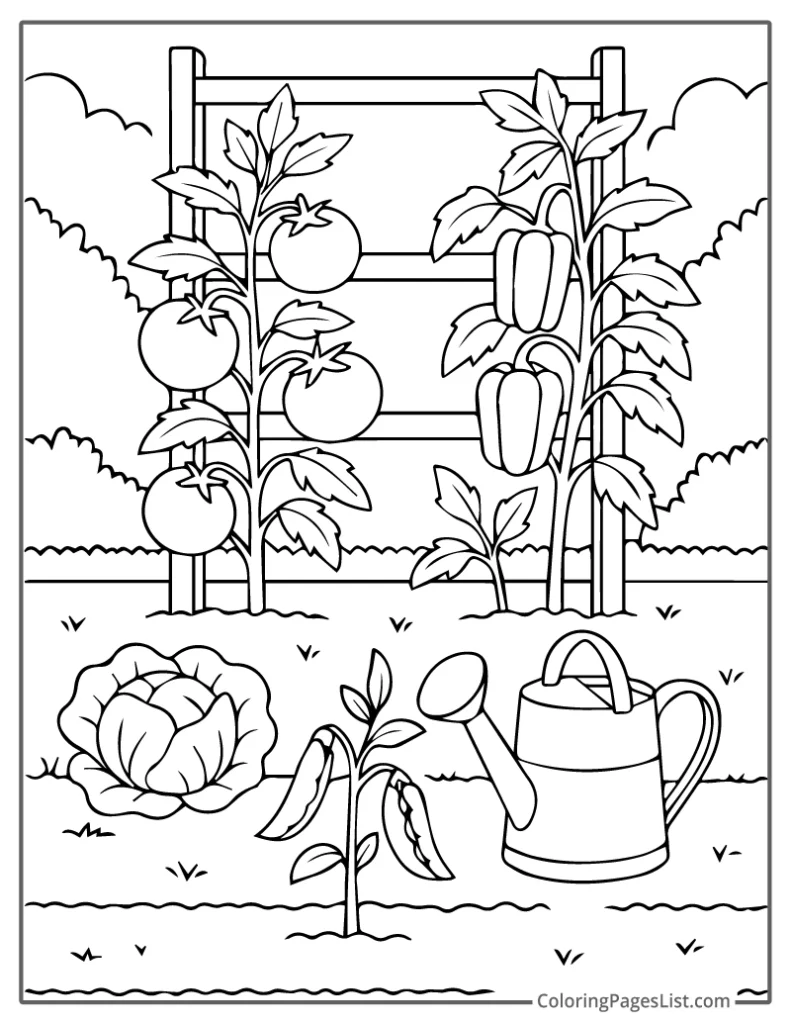 Vegetable Trellis and Garden Watering Scene Coloring Sheet