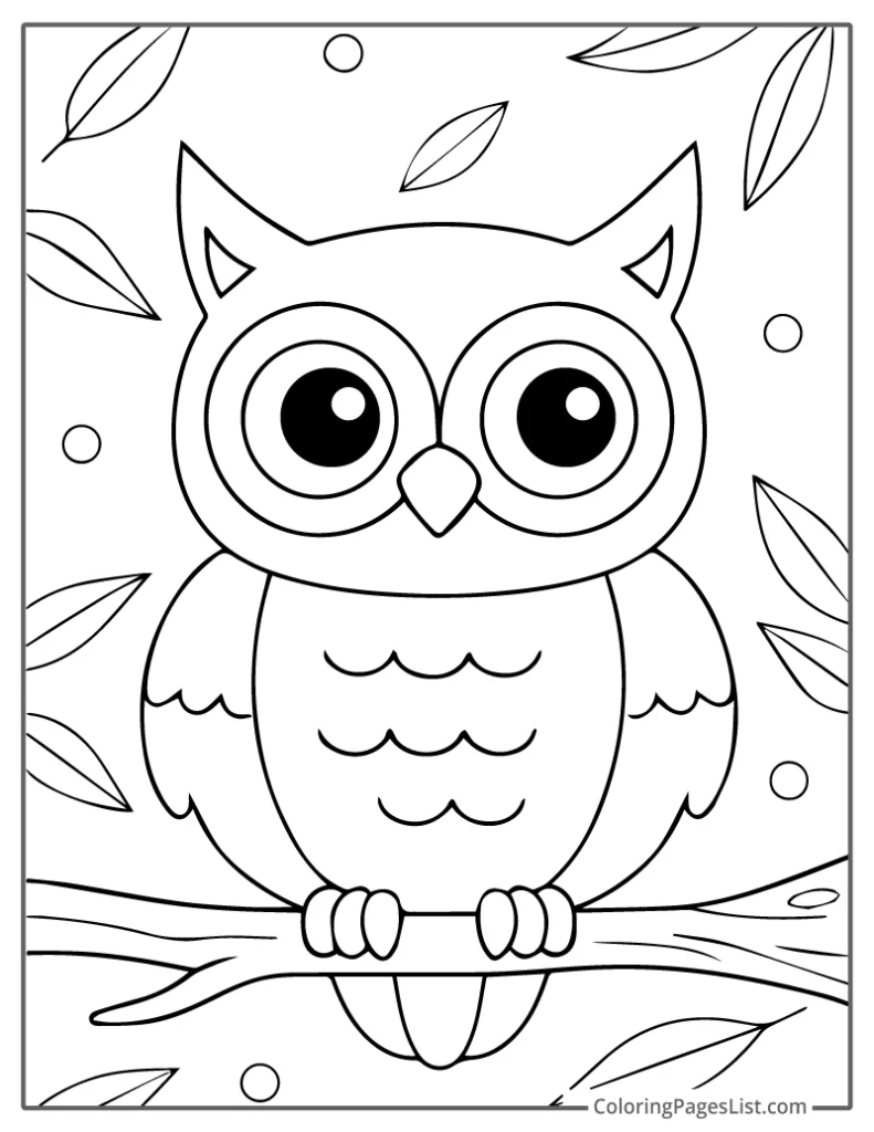 Wide-Eyed Owl Surrounded by Falling Leaves For Coloring