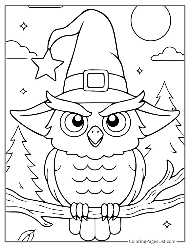 Wizard Owl Wearing a Star Hat Under the Moonlight