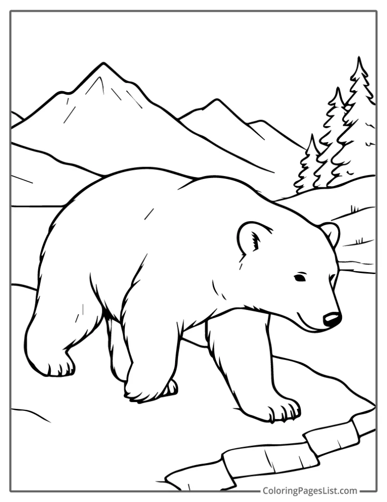 Young Polar Bear Exploring the Mountains To Color In