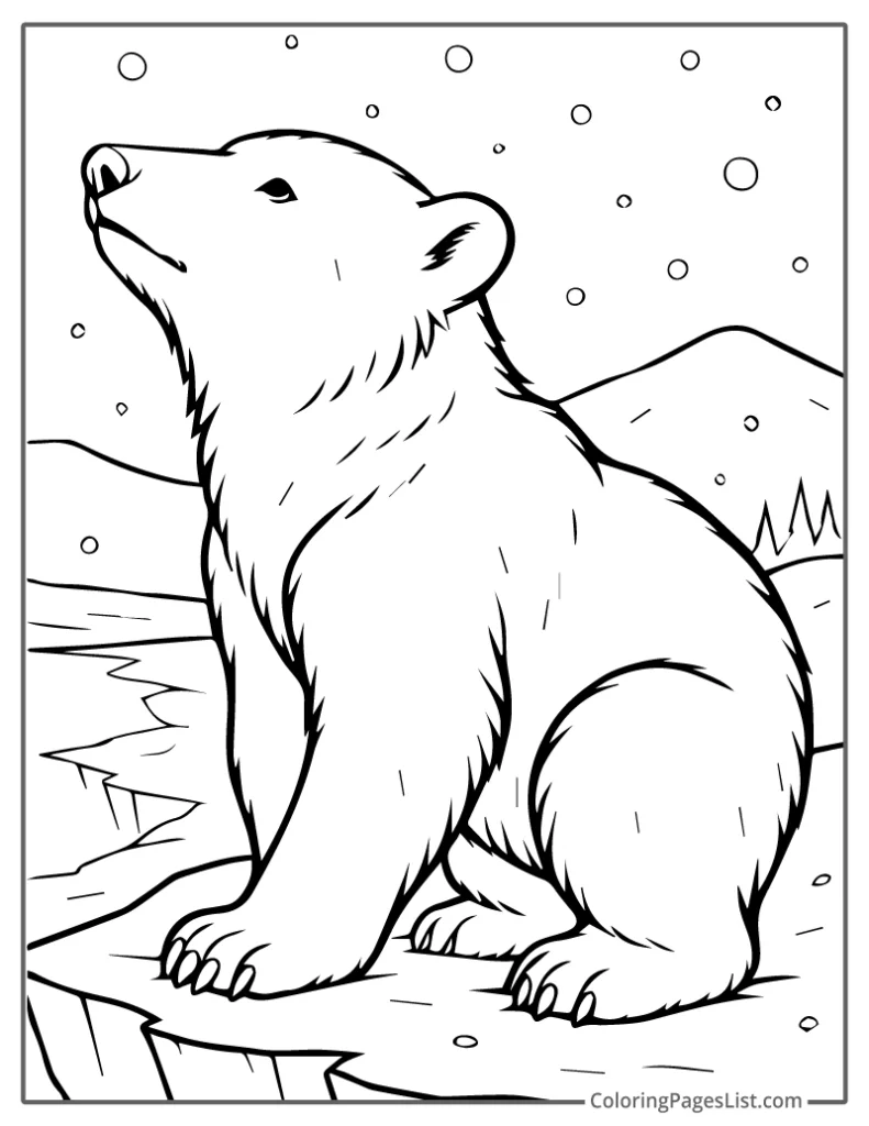 Young Polar Bear Sitting on an Icy Cliff Coloring Sheet For Kids