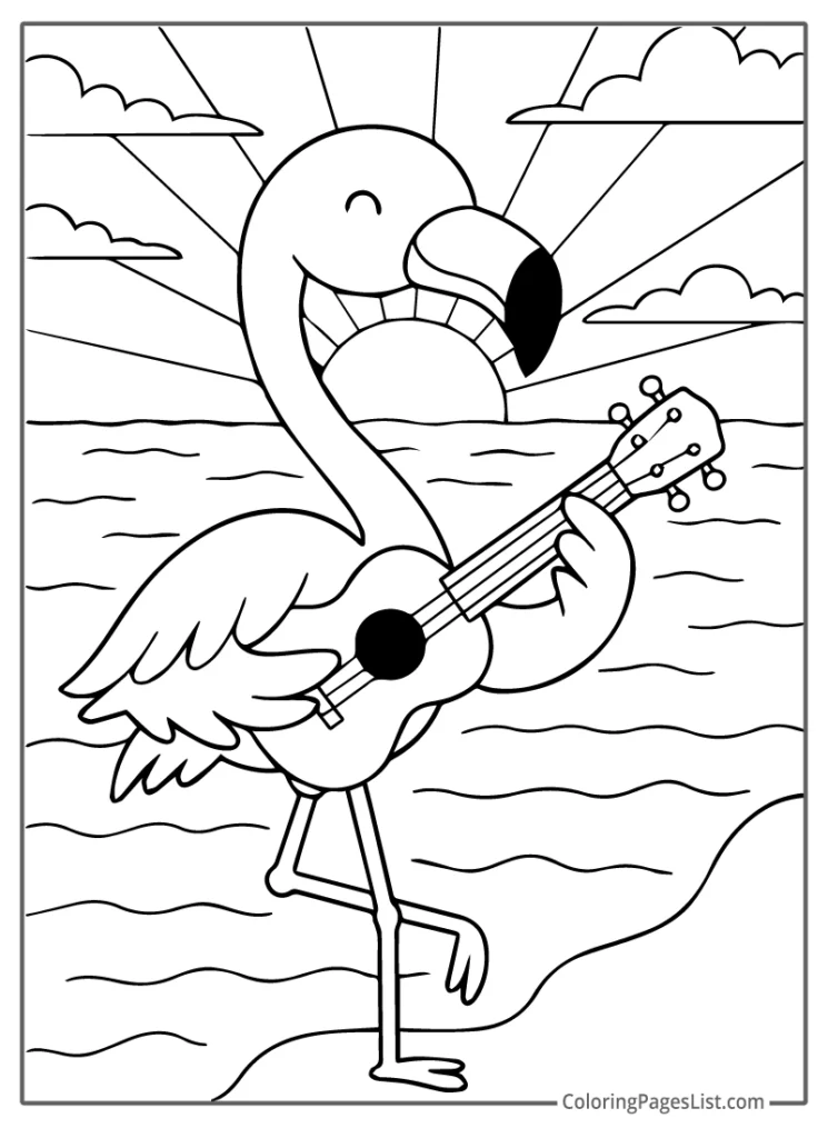 Adorable Flamingo Playing Ukulele at the Beach During Sunset