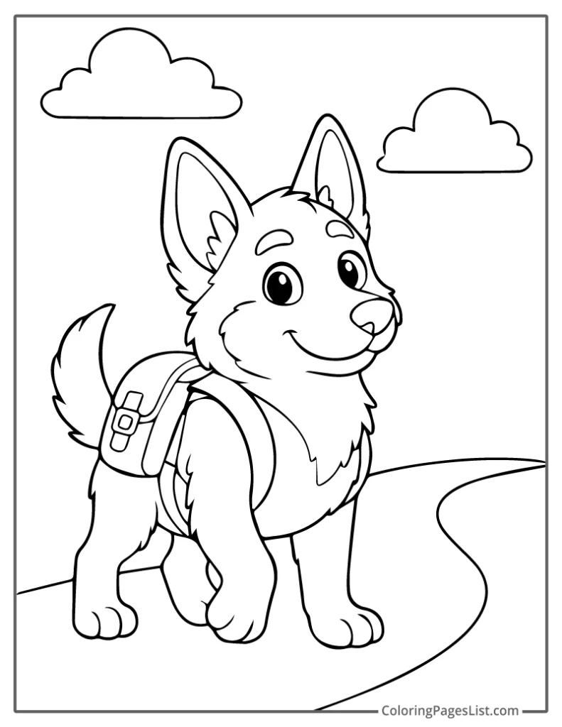 Adventurous Puppy with a Backpack on a Nature Trail For Coloring