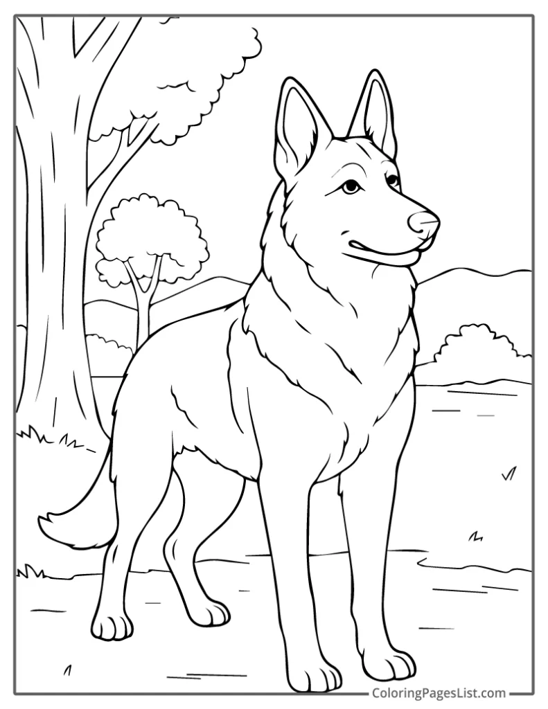 Alert German Shepherd Standing in a Forest Coloring Sheet