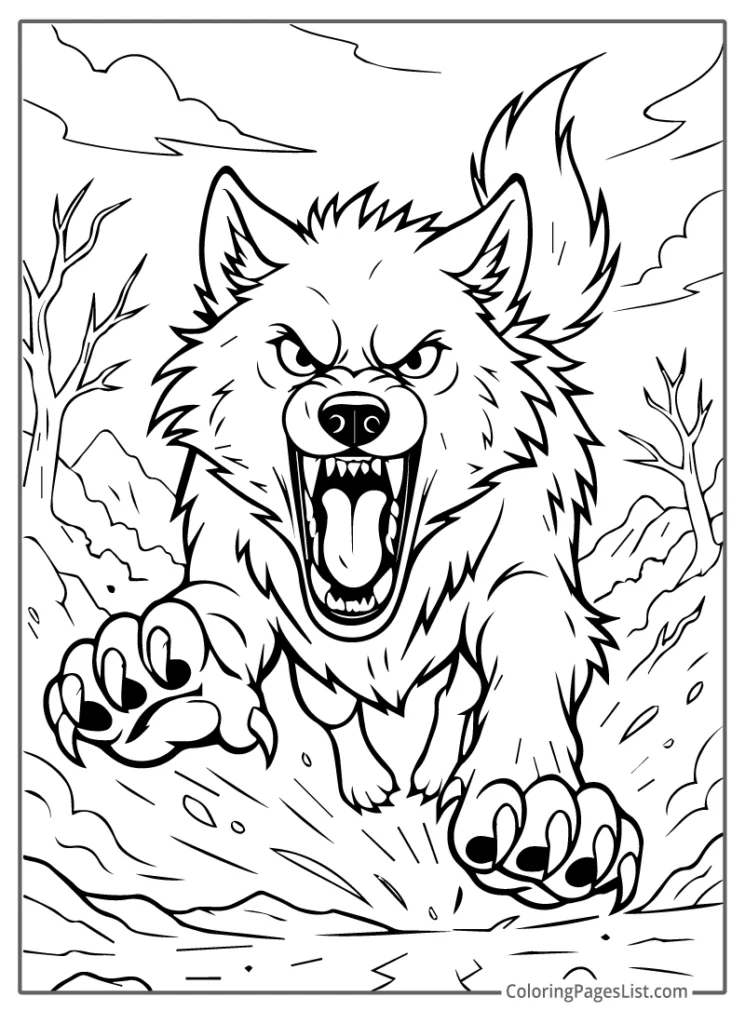 Angry Wolf Leaping Forward With Claws Out Coloring Page