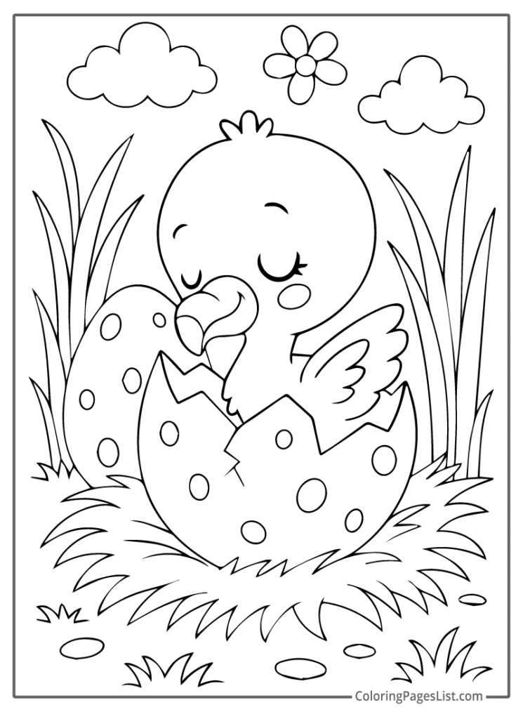 Baby Flamingo Hatching from a Polka-Dot Egg Coloring Sheet