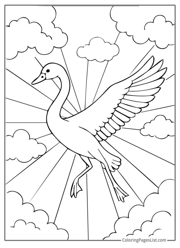 Bird Flying with Sunbeams and Clouds Coloring Sheet