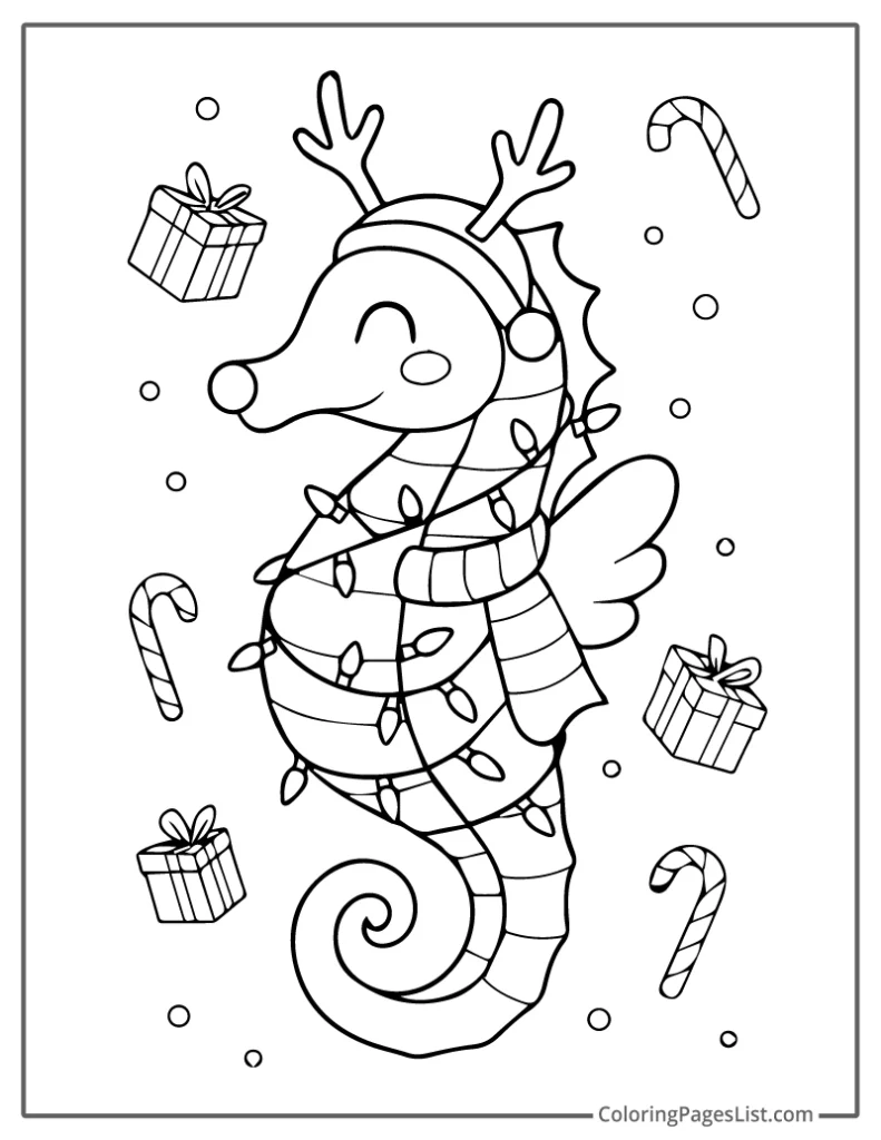Christmas Seahorse with Antlers and Wrapped in Lights To Color In
