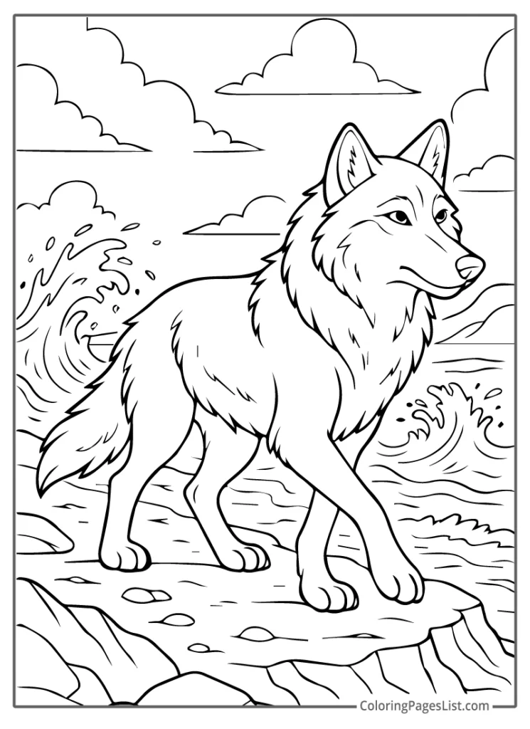 Confident Wolf Walking Along a Rocky Beach with Waves Crashing