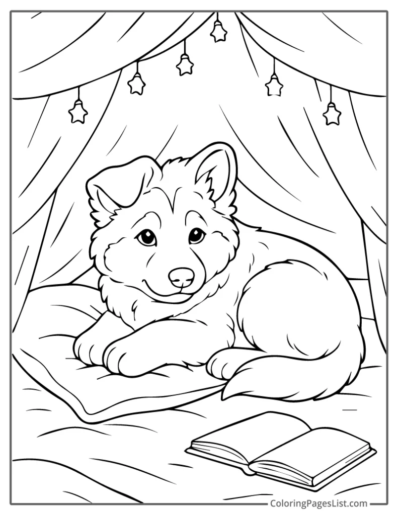 Cozy German Shepherd Puppy in a Pillow Fort Coloring Page