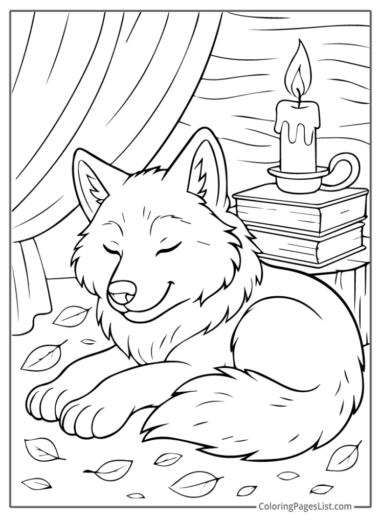 Cozy Wolf Sleeping Indoors Beside Books and a Candle