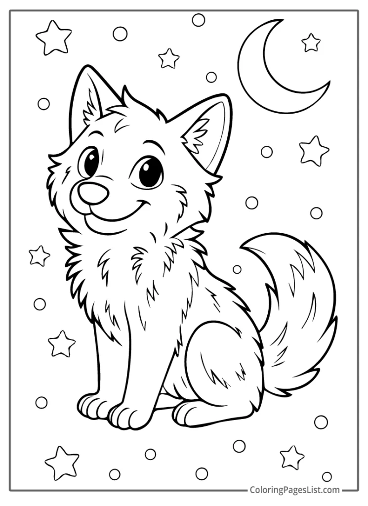 Cute Baby Wolf Under the Stars and Moon For Coloring