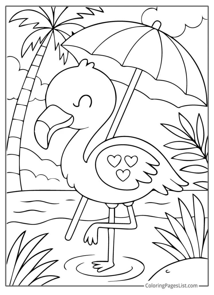Cute Flamingo Holding a Beach Umbrella by a Palm Tree Coloring Page