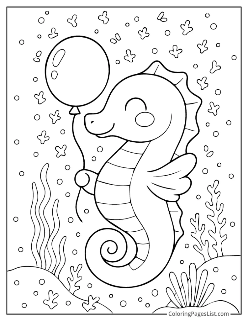 Cute Seahorse Holding a Balloon in a Coral Garden Coloring Sheet