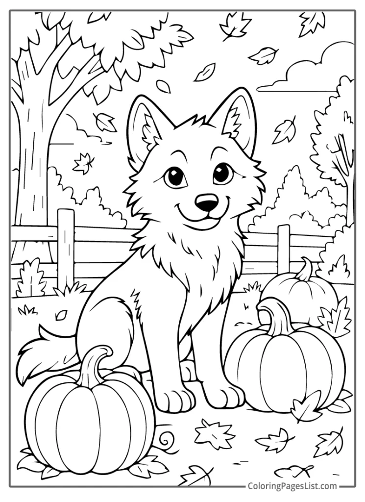 Cute Wolf Pup Sitting Among Pumpkins on a Breezy Fall Day