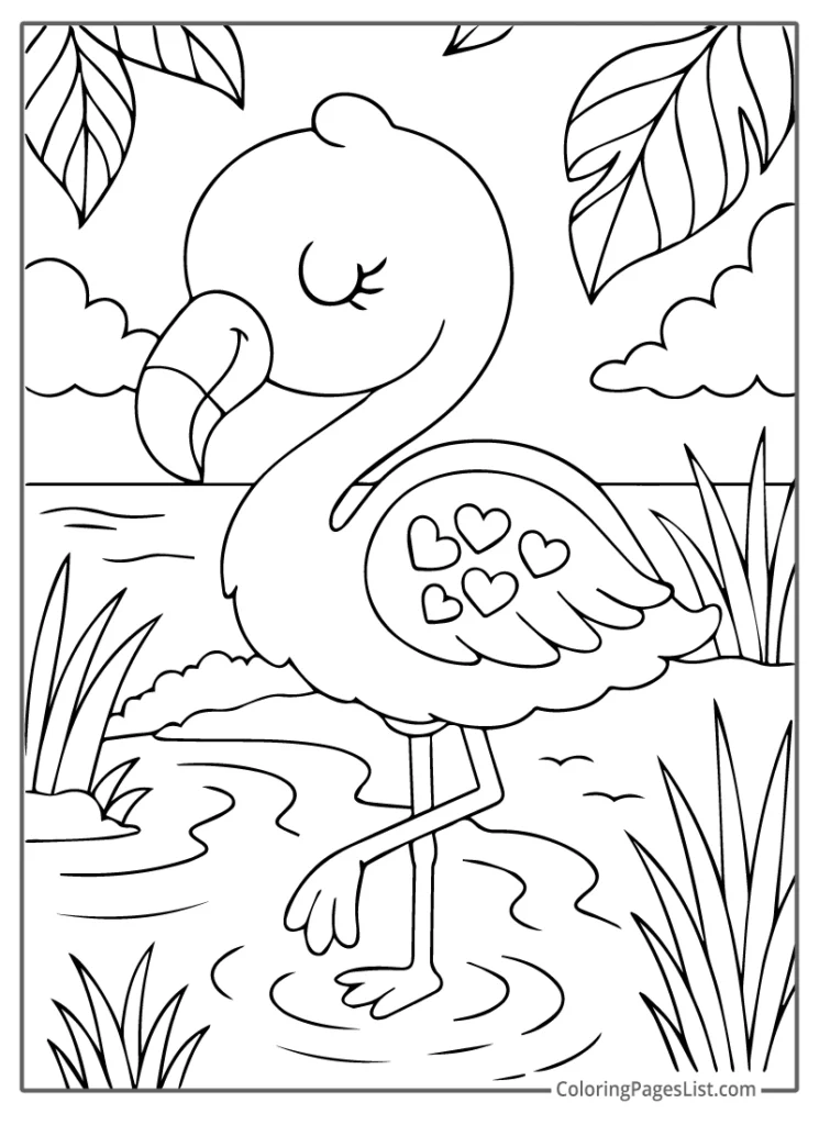 Detailed Flamingo in a Tropical Marsh Scene To Color In