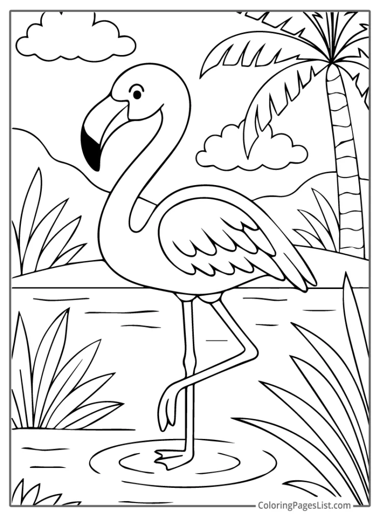 Detailed Outline Of Flamingo Wading Through Water Under a Palm Tree
