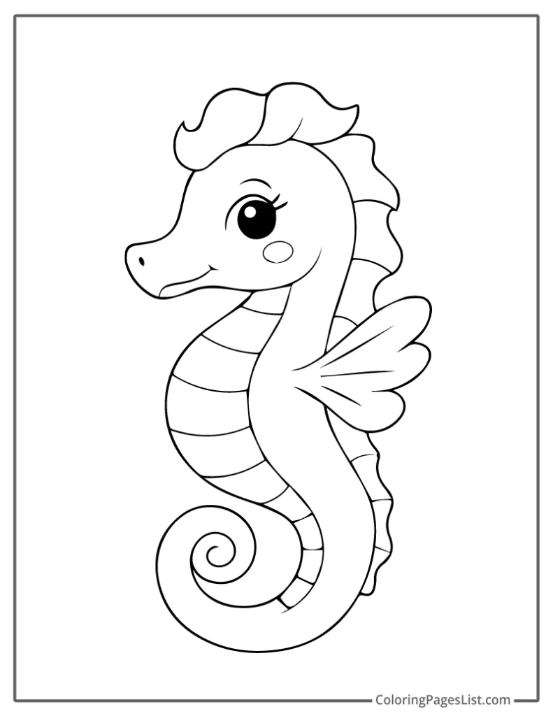 Detailed Outline of Cute Seahorse with Big Eyes and Wavy Mane Coloring Sheet