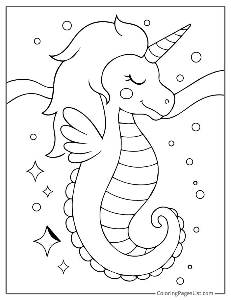 Elegant Seahorse Unicorn Floating Gracefully Underwater Coloring Page