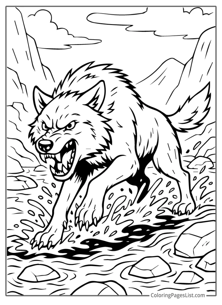 Fierce Wolf Charging Through a Mountain Stream For Coloring