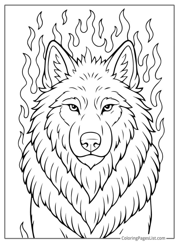Fierce Wolf Surrounded by Rising Flames To Color In