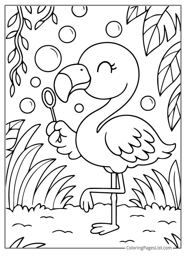 Flamingo Blowing Bubbles in a Leafy Garden Coloring Page