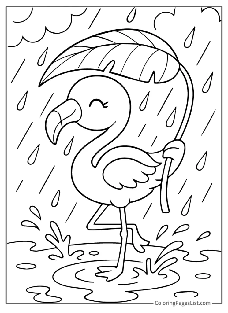 Flamingo Dancing in the Rain Holding a Leaf Umbrella Coloring Page